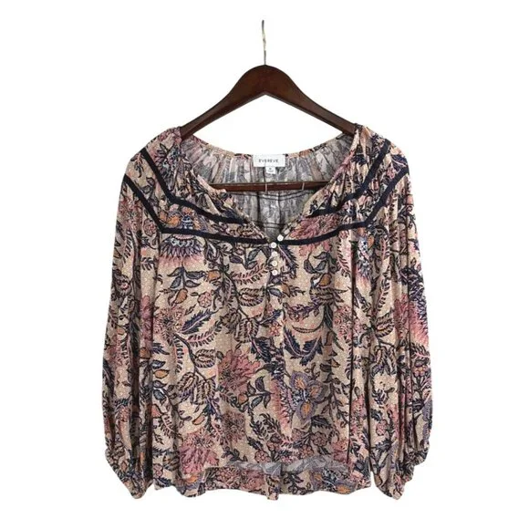 Evereve Womens Medium Floral Boho Billowy Blouse Rayon Puff Sleeves Cottage - Picture 1 of 7